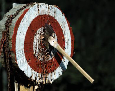 axe stuck in the bullseye of a wooden target made out of a tree stump